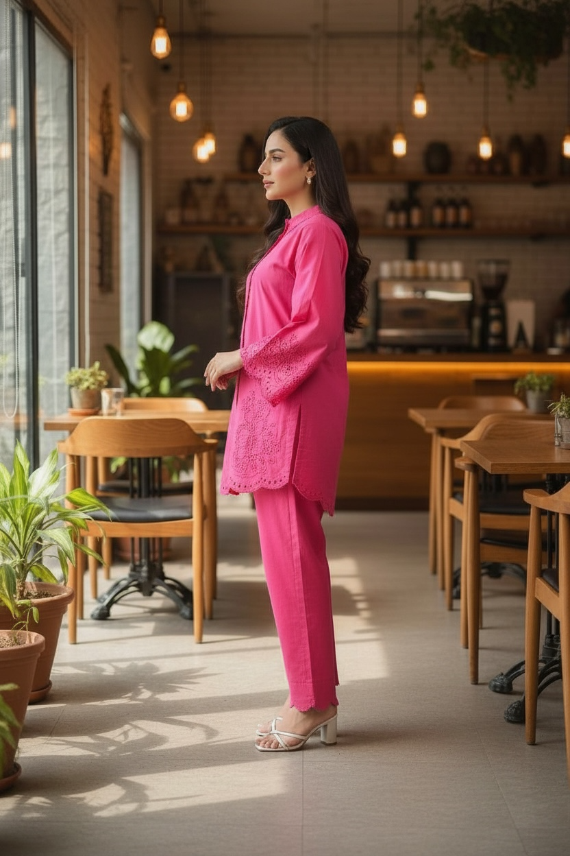 Pink Embroidered Coord