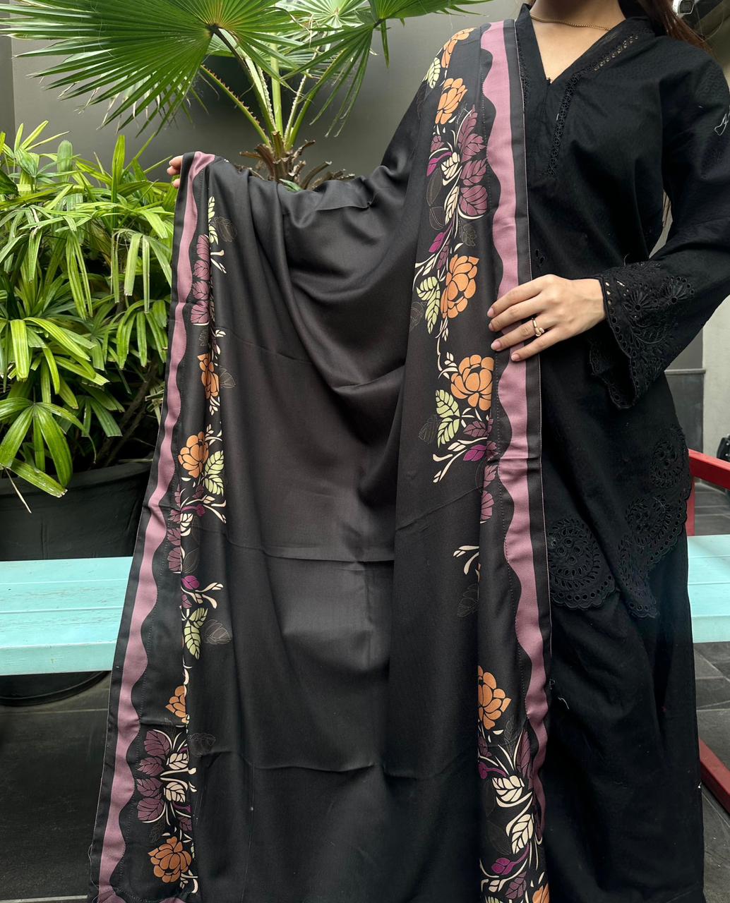 Black floral shawl
